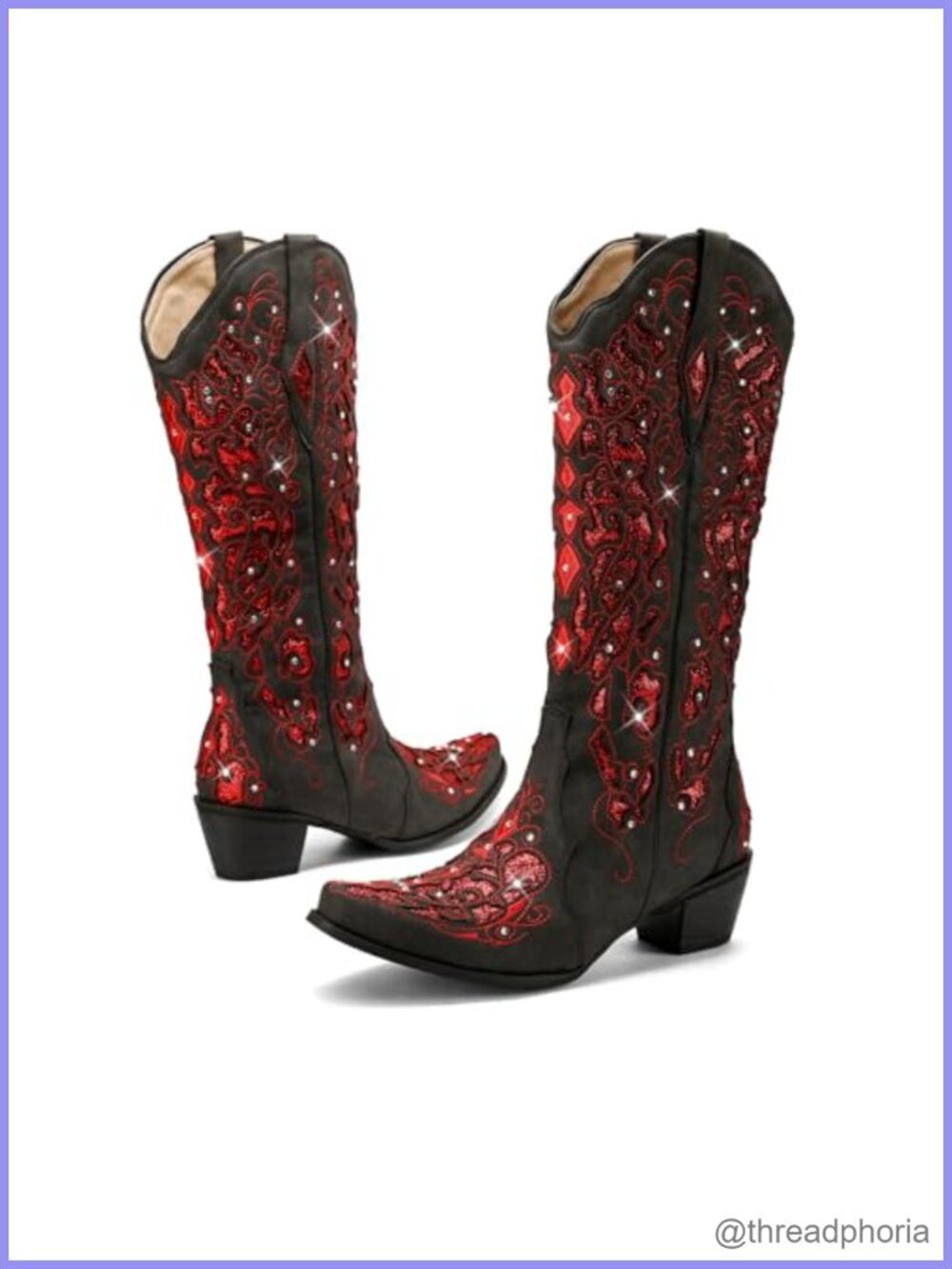 Faux Leather Rhinestone Mid Calf Western Cowboy Boots Snip Toe